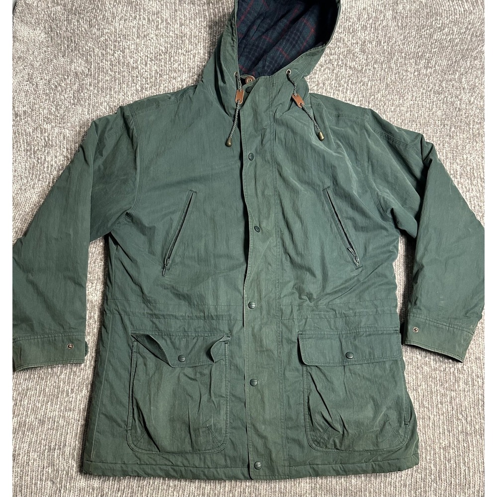 LL Bean Vintahe Baxter State Parka Green & Red Blue Wool Plaid Lining sz L 90s